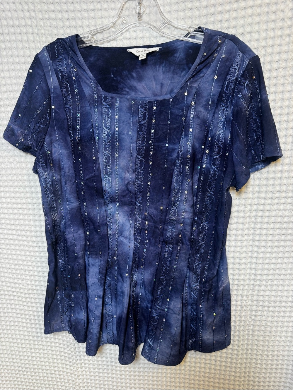 Coral Bay Navy Blue Tie Dye Sequin Stripe Short Sleeve Tee, Size Medium